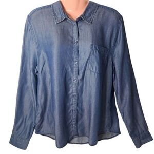 Simply Styled Women's Blue Button-Up Collared Shirt 100% Lyocell Size L